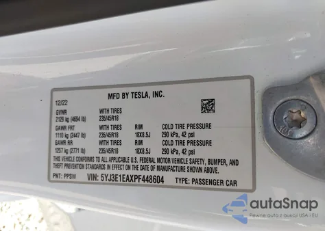 2023 Tesla Model 3 Rear-Wheel Drive z USA, uszkodzony, nr VIN 5YJ3E1EAXPF448604